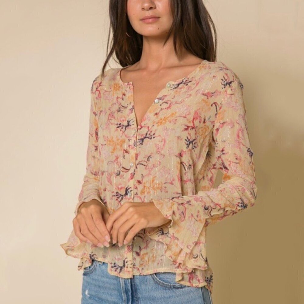 RAGA Norah Blouse XS Sheer Floral Metallic Gold Lurex Chiffon Lightweight Boho